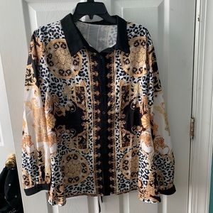 Plus Tribal Button Front Tie Neck Blouse